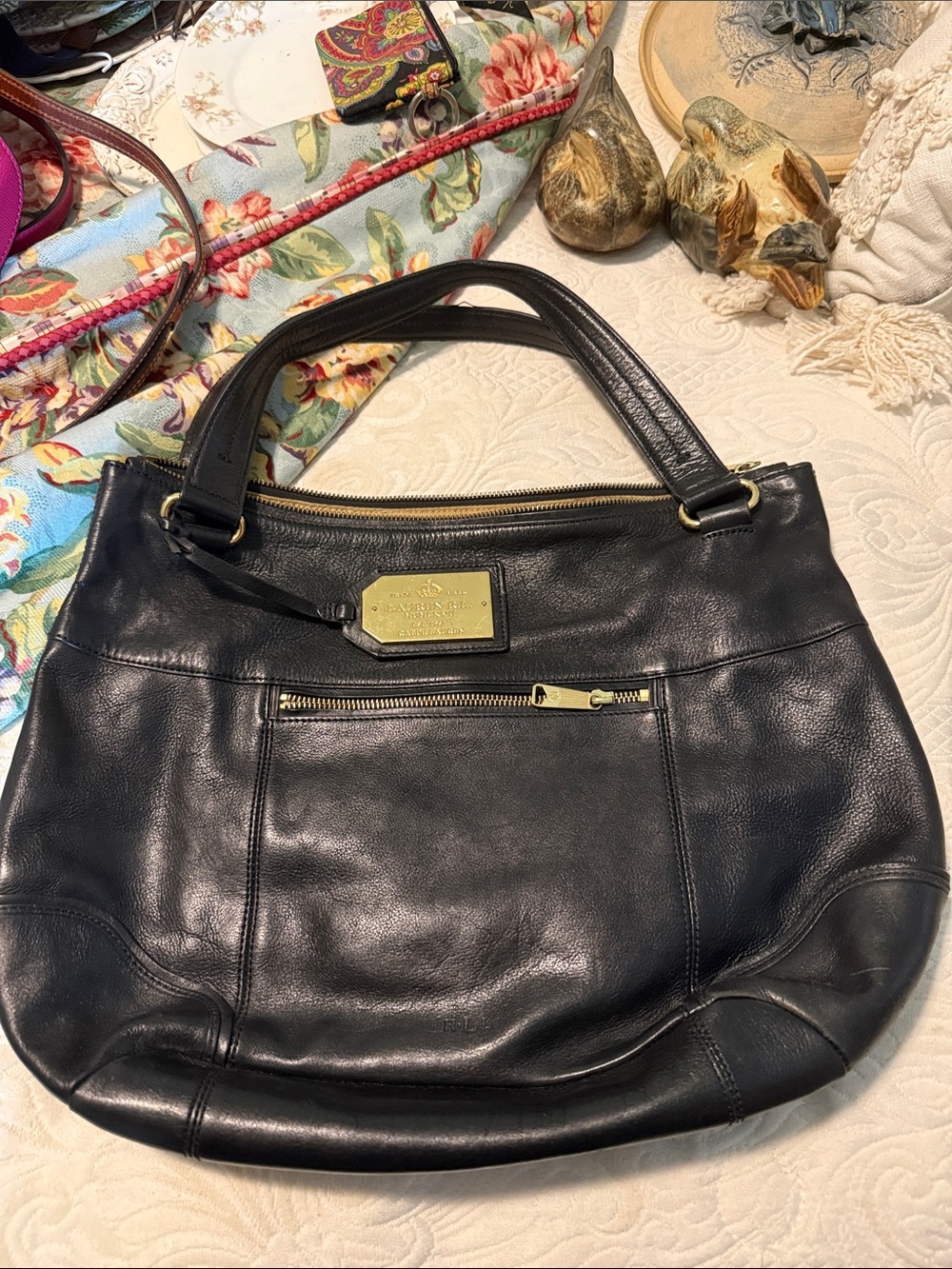 Ralph Lauren Black Leather Shoulder Bag with Gold Plaque